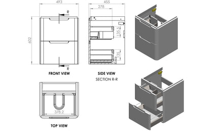 Lambi 500mm 2 Drawer Wall Hung Cloakroom Basin Unit - Matt Indigo