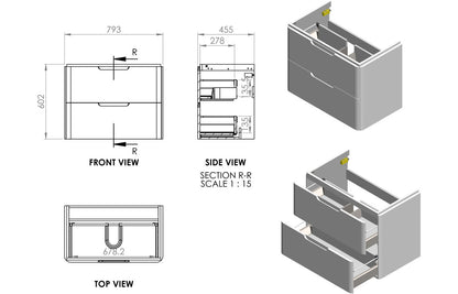 Lambi 800mm 2 Drawer Wall Hung Basin Unit - Matt Sage Green