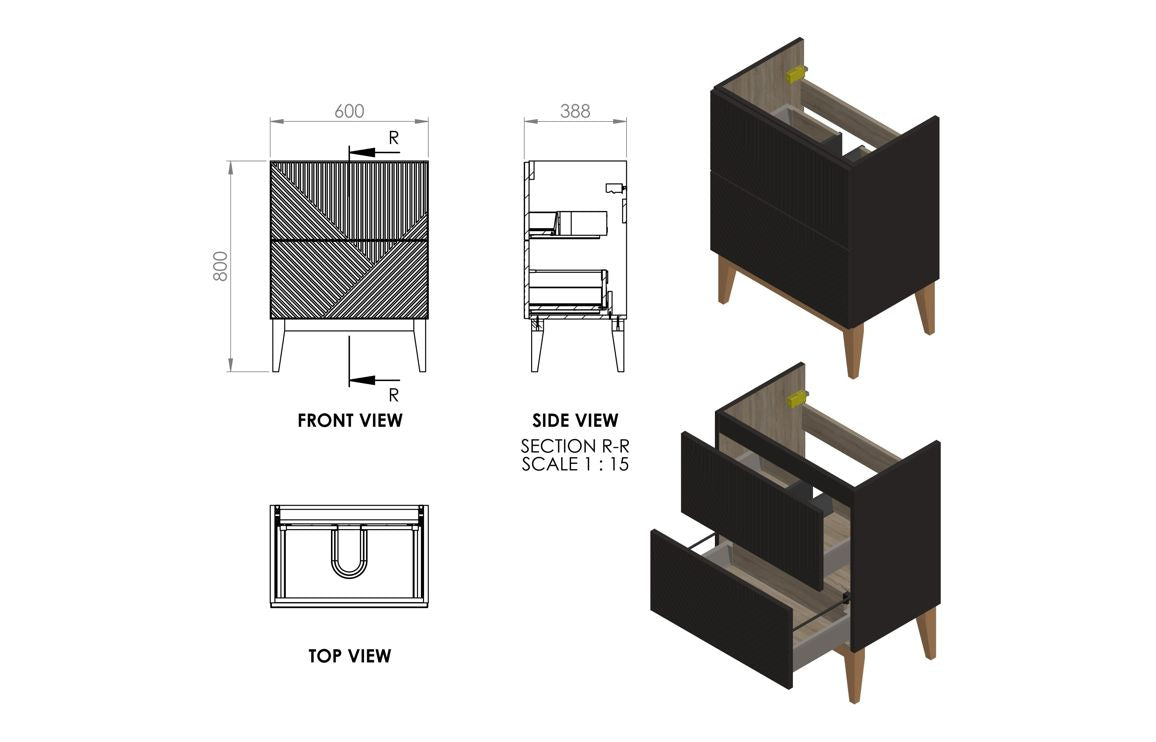 Linear610mm Floor Standing 2 Drawer Basin Unit & Maple Oak Effect Worktop - Matt Smoke Blue