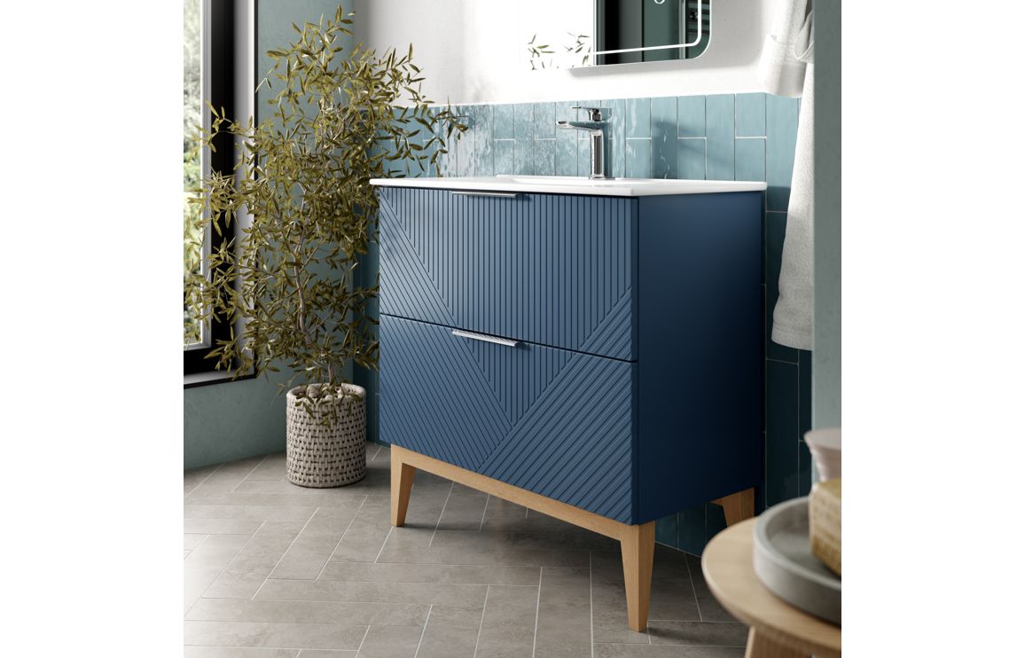 Linear 810mm Floor Standing 2 Drawer Basin Unit & Maple Oak Effect Worktop - Matt Smoke Blue