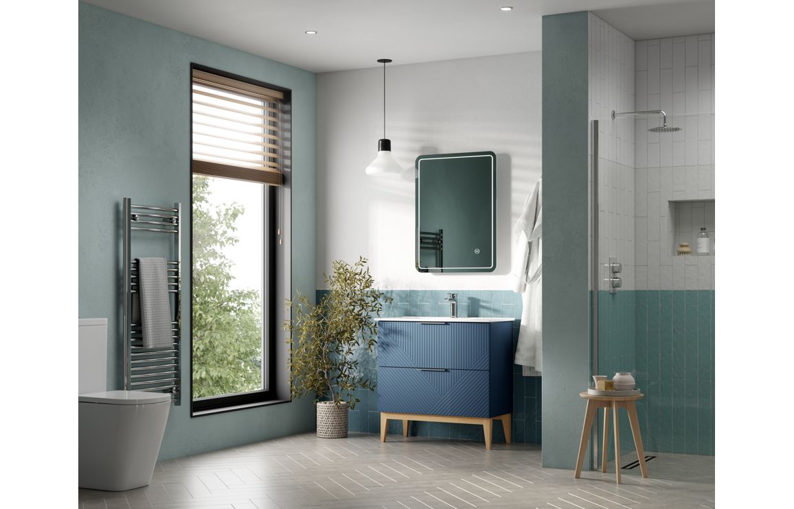 Linear 810mm Floor Standing 2 Drawer Basin Unit & Maple Oak Effect Worktop - Matt Smoke Blue
