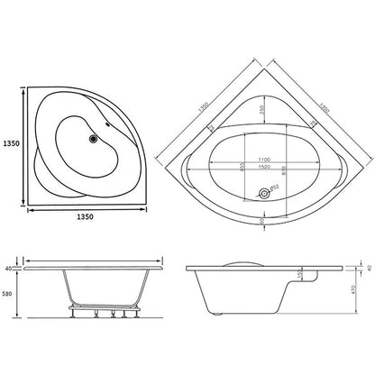 Joseph Miles Ripley Standard Corner No Tap-hole Bath 1350 x 1350mm