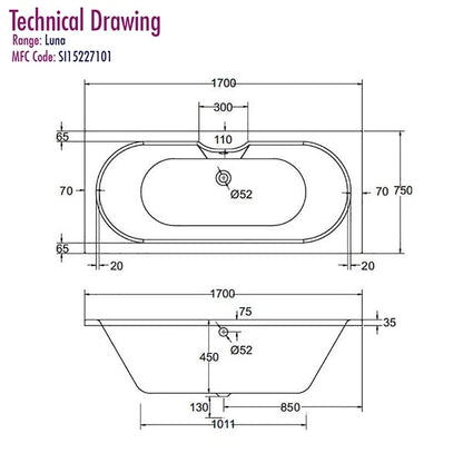 Fline  Luna 1700 x 750mm Round Double Ended Straight Bath White