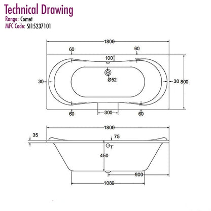Fline Comet 1800 x 800mm Round Double Ended Straight Bath White