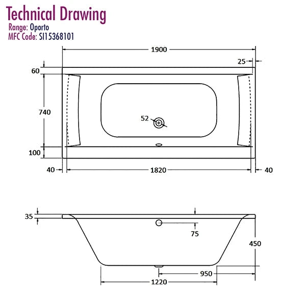 Fline Oporto White Square Rectangular Double Ended Bath