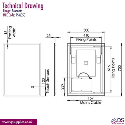 Tavistock Resonate 500mm LED Bluetooth Mirror With Demister Pad