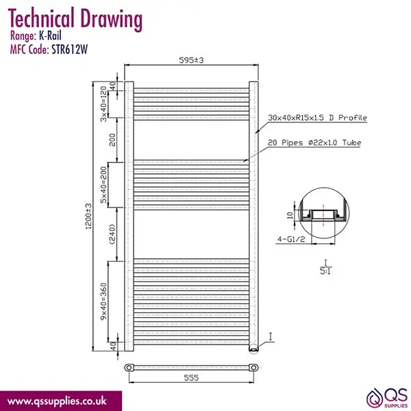 Kartell K-Rad K-Rail Straight Towel Rail 600mm Wide