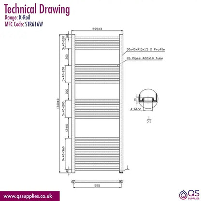 Kartell K-Rad K-Rail Straight Towel Rail 600mm Wide