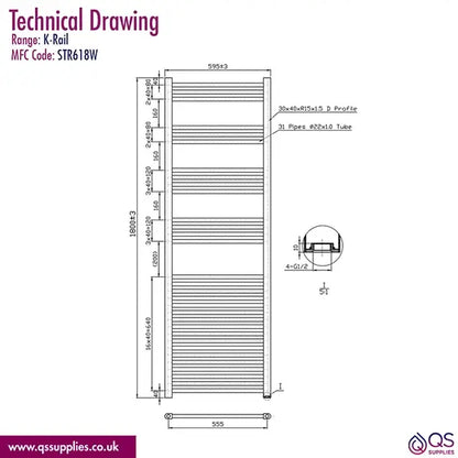 Kartell K-Rad K-Rail Straight Towel Rail 600mm Wide