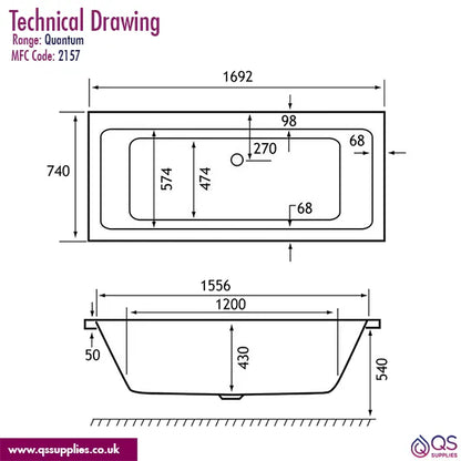 Carron Quantum Double Ended Acrylic White Bath 5mm - 1700 x 750mm
