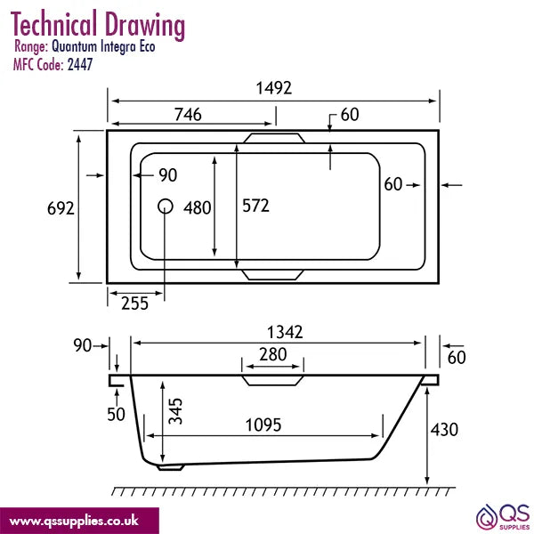 Carron Quantum Integra Eco 5mm White Acrylic Bath With Twin Grip