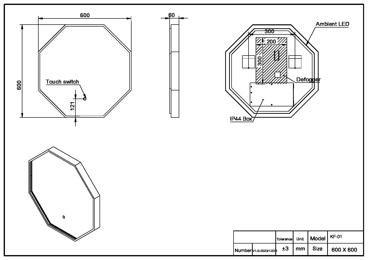 Passa Octagonal Mirror Matte Black 600×600
