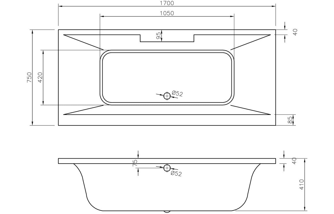 Nalone Deluxe Square Double End 1700x750x550mm 0TH Bath w/Legs