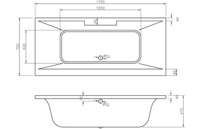 Nalone Deluxe Square Double End 1700x750x550mm 0TH Bath w/Legs