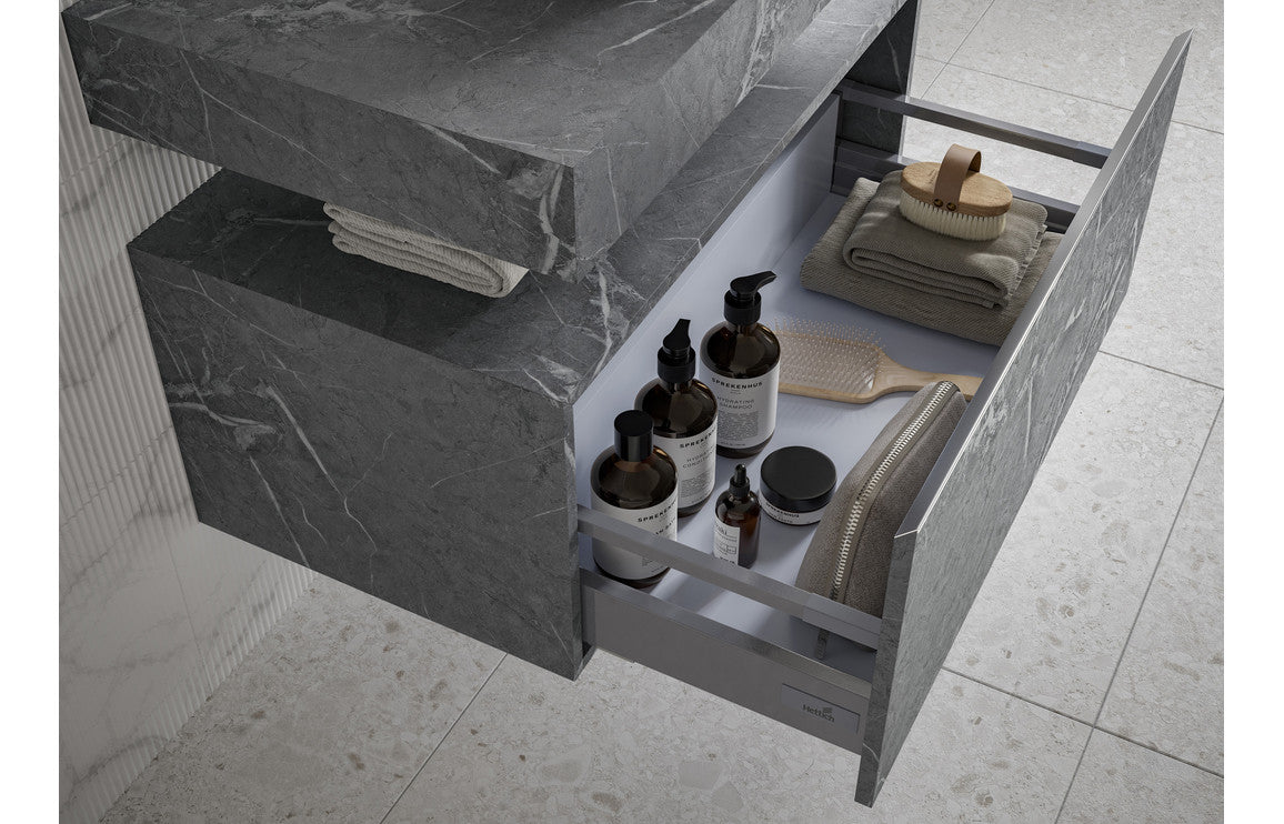 Nature 800mm Wall Hung Grey Marble Basin Shelf & Bottle Trap
