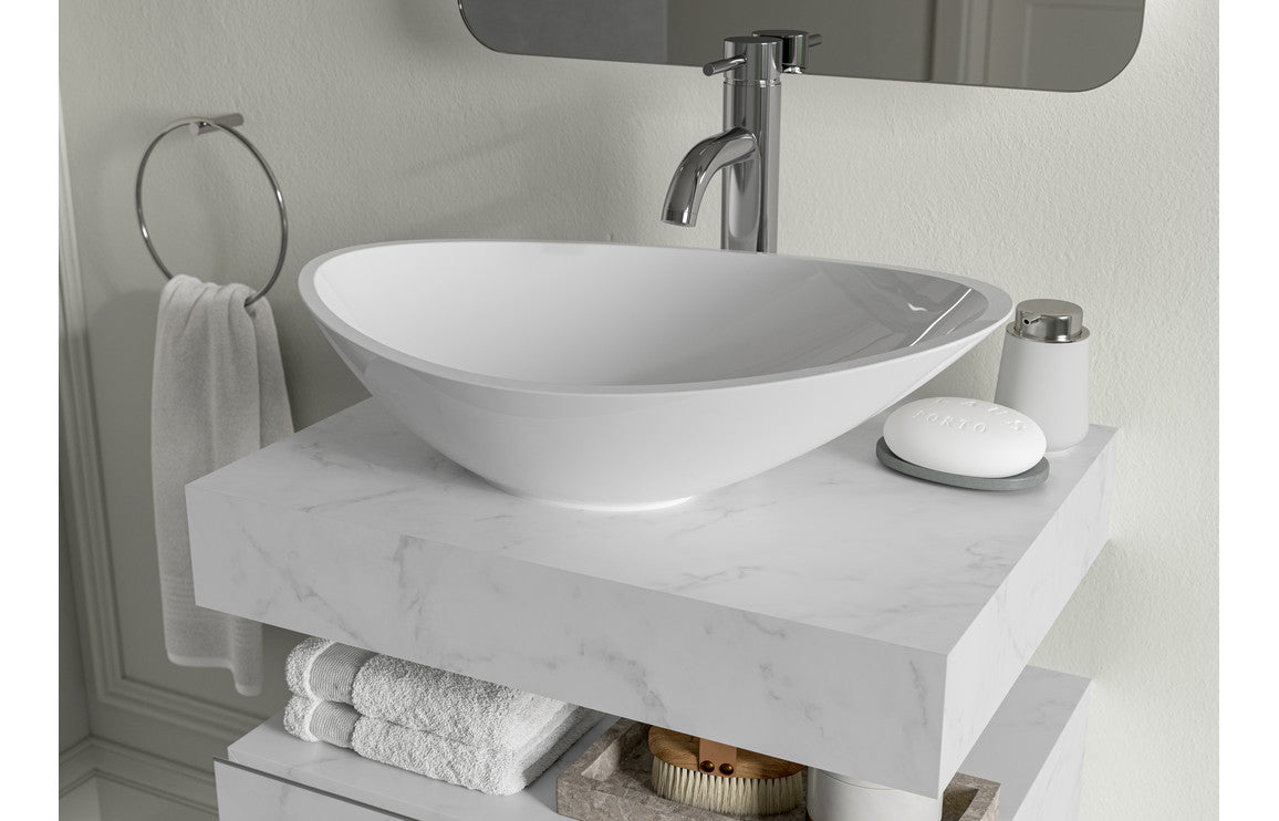 Nature 600mm Wall Hung White Marble Basin Shelf & Bottle Trap