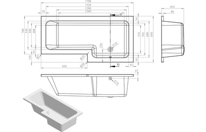Navarre L Shape 1700x850x560mm 0TH Shower Bath Pack