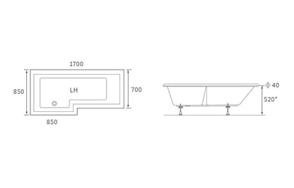 Navarre L Shape SUPERCAST 1700x850x560mm 0TH Shower Bath Pack
