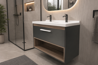 1170-100 1000mm Oak Wood Single Draw Wall Hung Bathroom Vanity unit with WoodenFrame Inc Nano Glazed Ceramic Basin