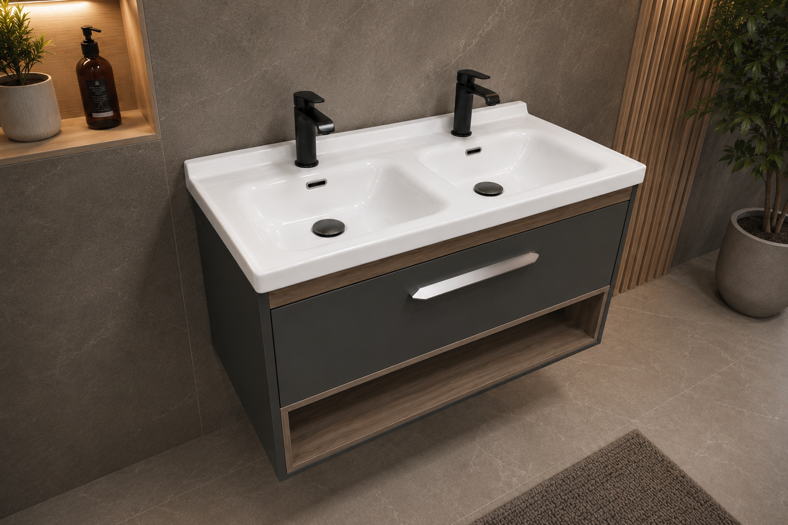 1170-100 1000mm Oak Wood Single Draw Wall Hung Bathroom Vanity unit with WoodenFrame Inc Nano Glazed Ceramic Basin
