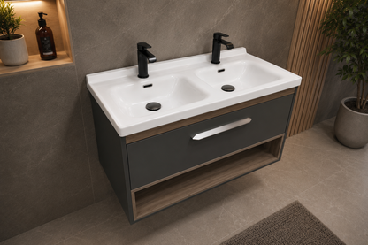 1170-100 1000mm Oak Wood Single Draw Wall Hung Bathroom Vanity unit with WoodenFrame Inc Nano Glazed Ceramic Basin