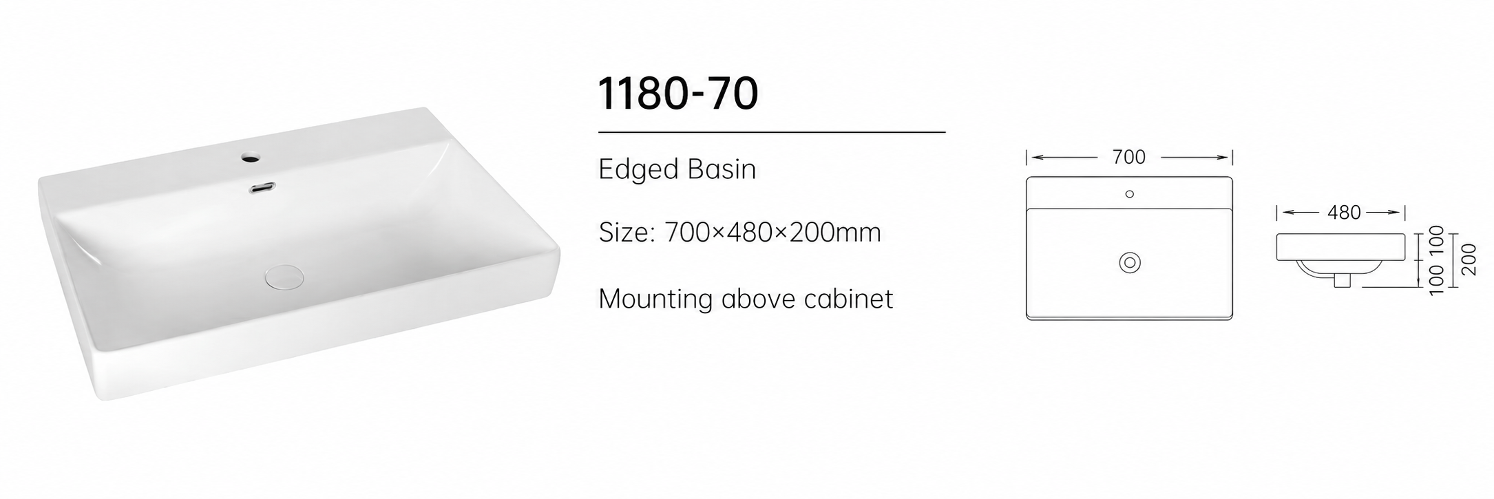 1180-70 700mm Oak Linear 2-Draw Floorstanding Bathroom Vanity unit with Nano Glazed Ceramic Basin