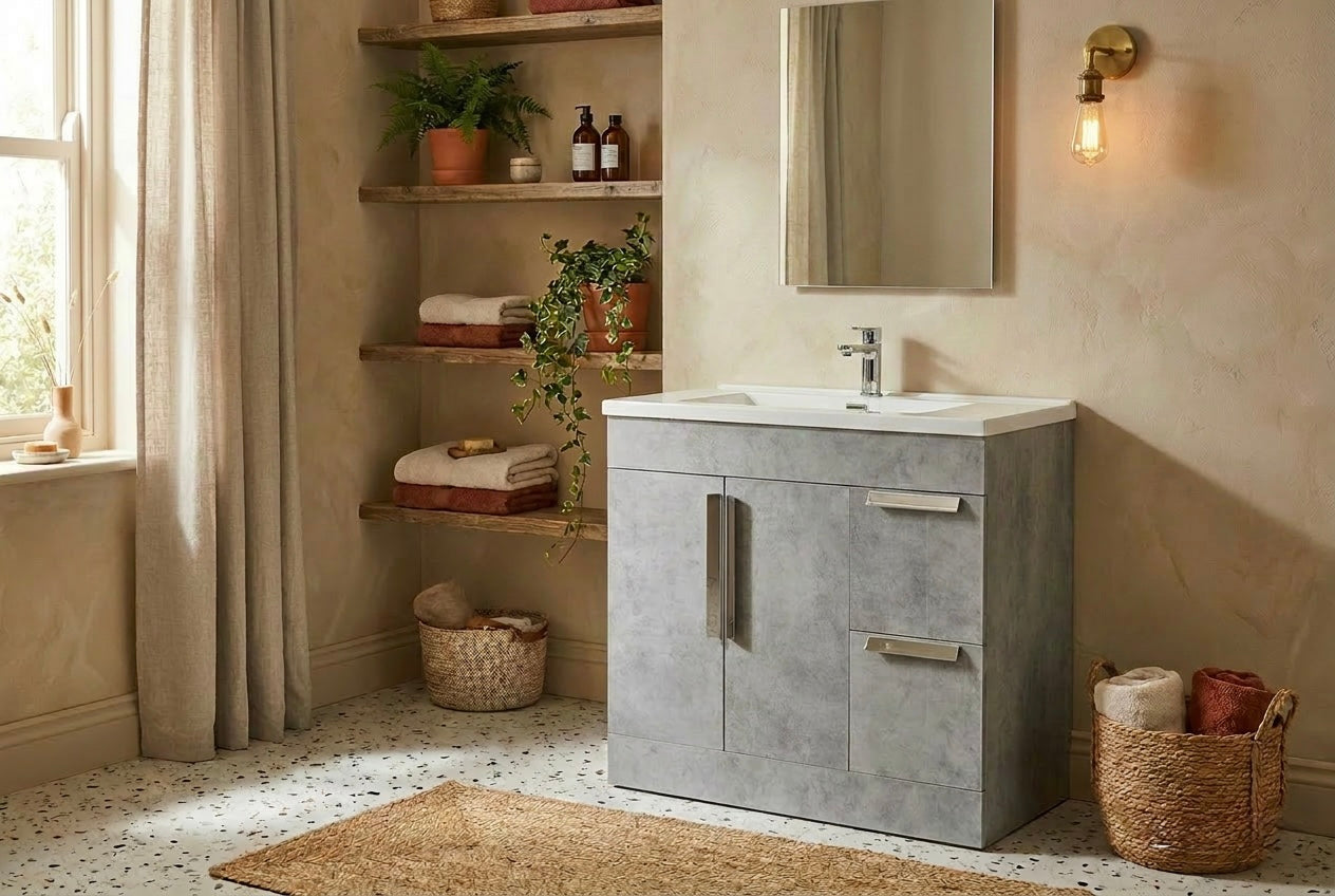 Novo 1187-90 Concrete Matt 2-Door inc Double Draw storage Floor standing Vanity unit with Ceramic Basin
