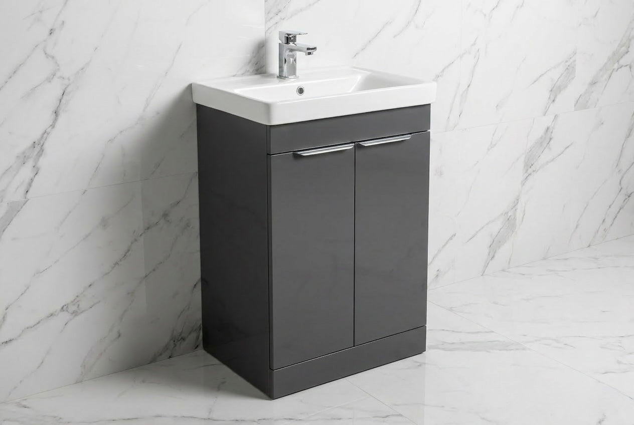 Novo 600mm Arya Smoke Grey 2-Door Floorstanding Vanity unit with Nano Glazed Ceramic Basin
