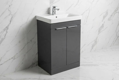Novo 600mm Arya Smoke Grey 2-Door Floorstanding Vanity unit with Nano Glazed Ceramic Basin