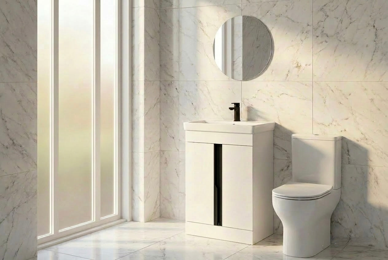Novo 600mm Frame White DTA 2-Door Floorstanding Vanity unit with Nano Glazed Ceramic Basin