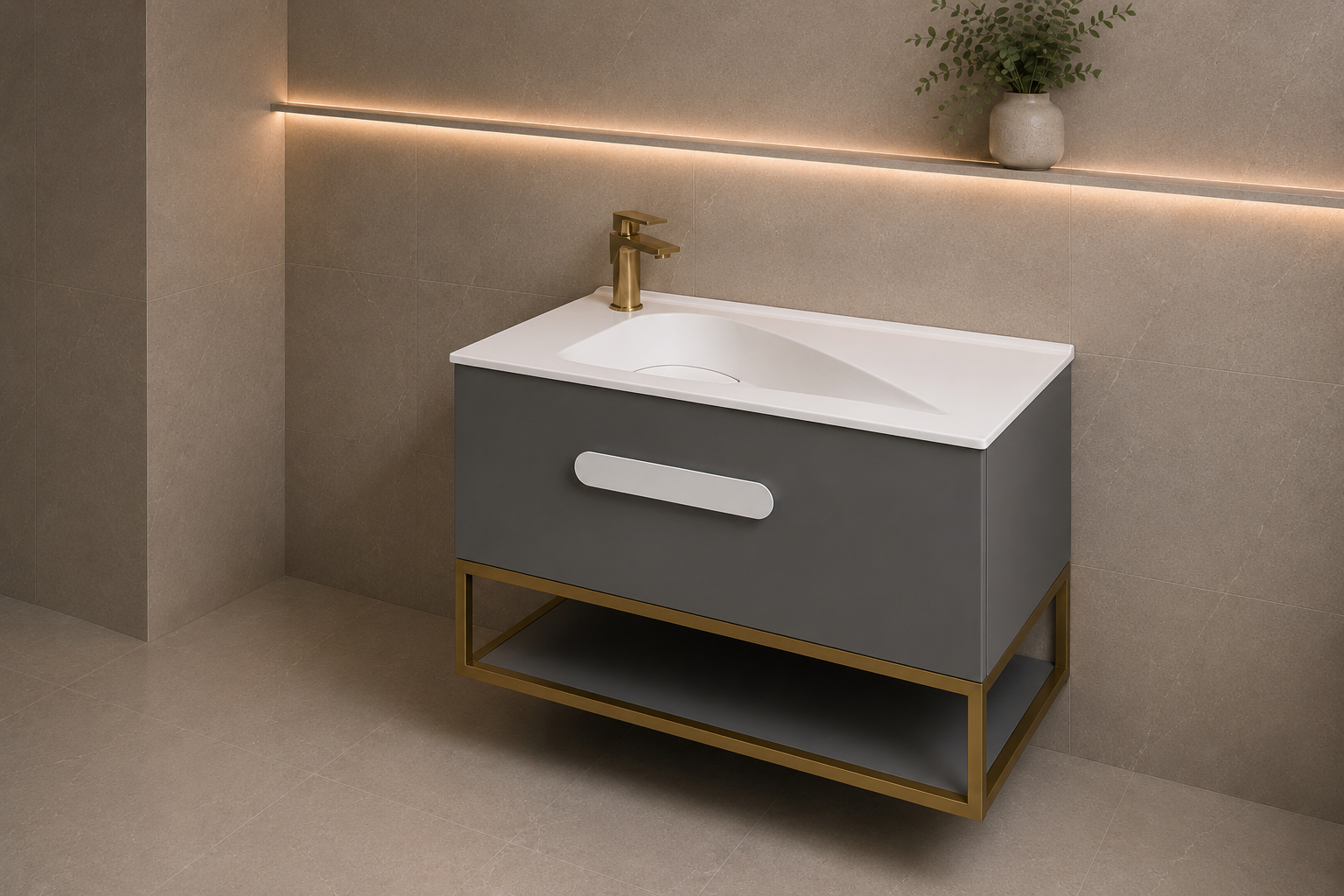 Troya 800mm Grey Matt Single Draw Bathroom Vanity Unit with Golden Frame Inc Solid Surface Basin