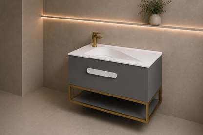 Troya 800mm Grey Matt Single Draw Bathroom Vanity Unit with Golden Frame Inc Solid Surface Basin