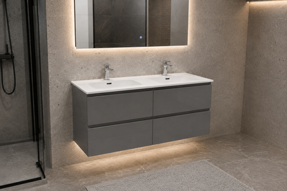 D-120 1200mm Grey Gloss 4 Draw Wall Hung Bathroom Vanity unit with WoodenFrame Inc Double Ceramic Basin