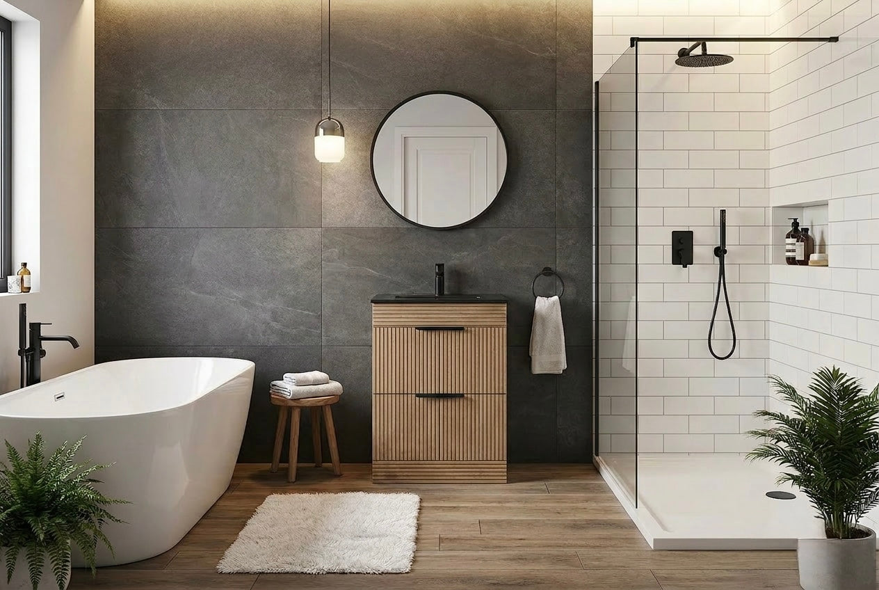 D60 600mm Linear Oak  2-Door Floor standing Bathroom Vanity unit with Nano Glazed Ceramic Basin