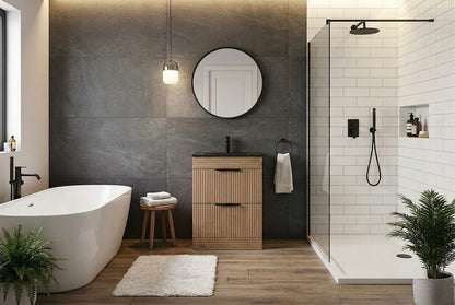 D60 600mm Linear Oak  2-Door Floor standing Bathroom Vanity unit with Nano Glazed Ceramic Basin