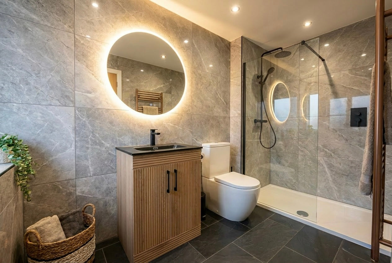 D60 600mm Linear Oak  2-Door Floor standing Bathroom Vanity unit with Nano Glazed Ceramic Basin