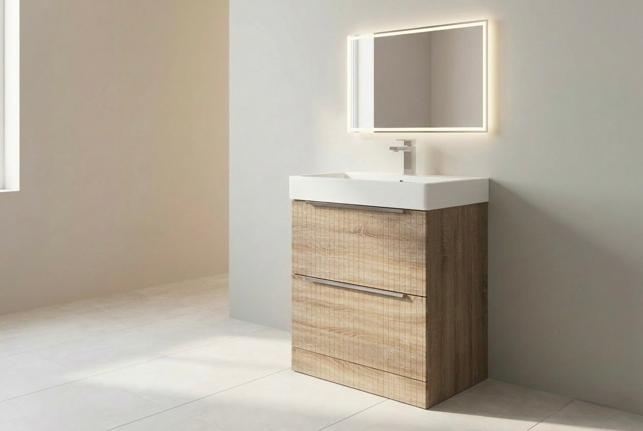 1180-70 700mm Oak Linear 2-Draw Floorstanding Bathroom Vanity unit with Nano Glazed Ceramic Basin