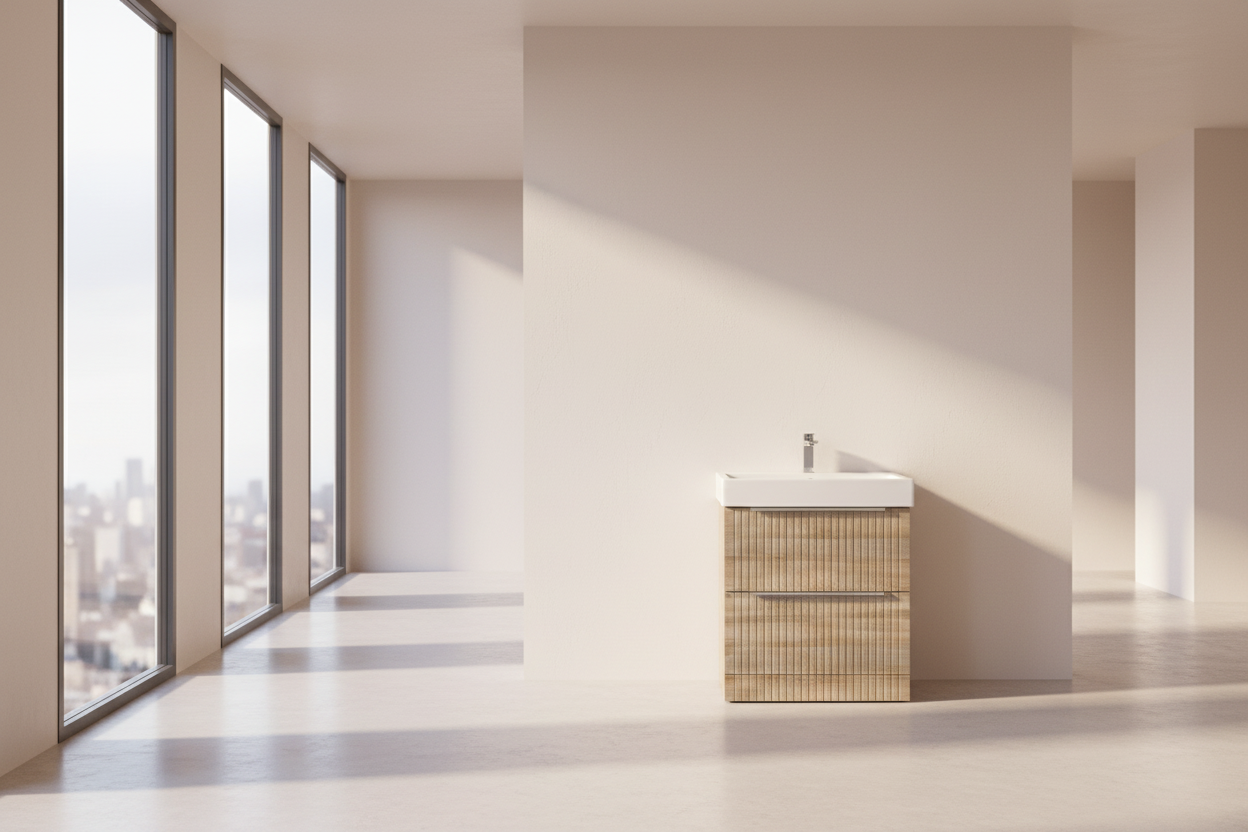 1180-70 700mm Oak Linear 2-Draw Floorstanding Bathroom Vanity unit with Nano Glazed Ceramic Basin