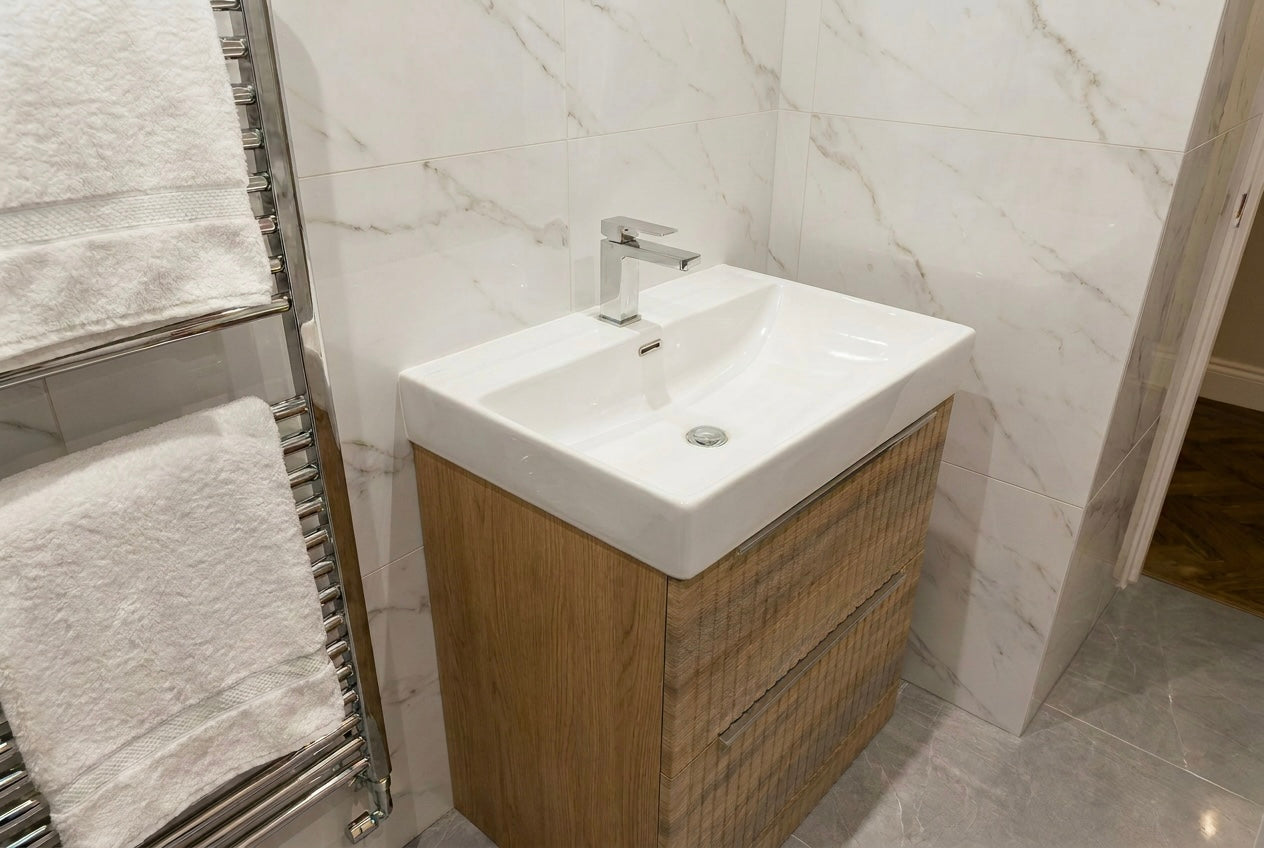 1180-70 700mm Oak Linear 2-Draw Floorstanding Bathroom Vanity unit with Nano Glazed Ceramic Basin