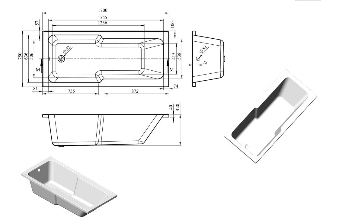 Ocala Straight 1700x750x550mm 0TH "C" Shower Bath w/Legs