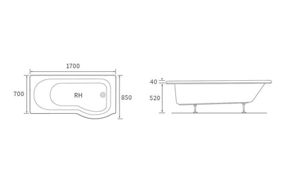 Ora P Shape SUPERCAST 1700x850x560mm 0TH Shower Bath Pack