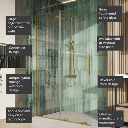 Monolux 8mm Easy Clean 2m Tall Sliding or Wetroom Shower Door & Optional Side Panel - Brushed Brass