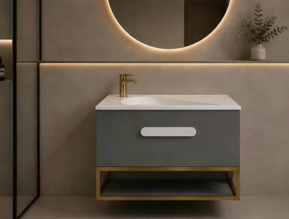 Troya 800mm Grey Matt Single Draw Bathroom Vanity Unit with Golden Frame Inc Solid Surface Basin