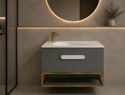Troya 800mm Grey Matt Single Draw Bathroom Vanity Unit with Golden Frame Inc Solid Surface Basin